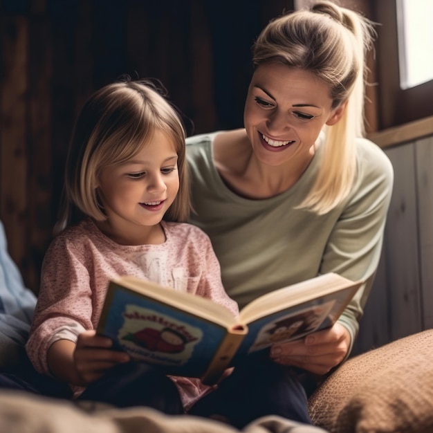 A mother and daughter read a book together.