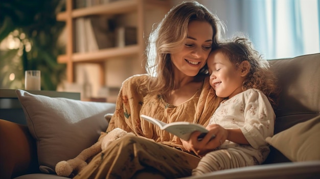 A mother and daughter reading a book together