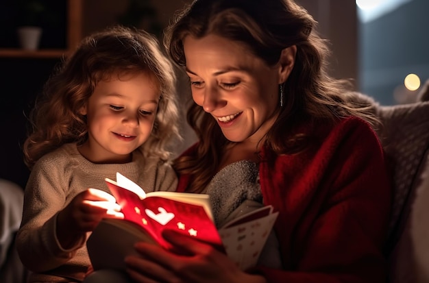 A mother and daughter reading a book together