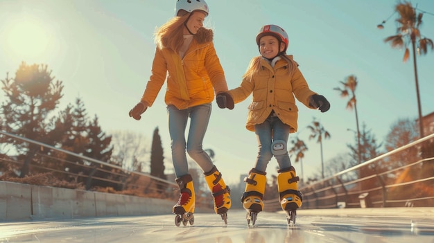 Photo mother and daughter rollerblading