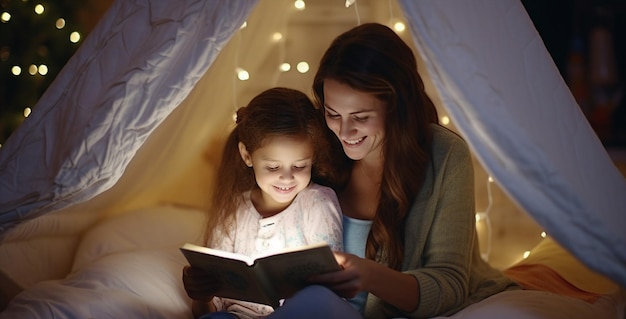 Mother and daughter share a tender moment reading together under a cozy makeshift tent