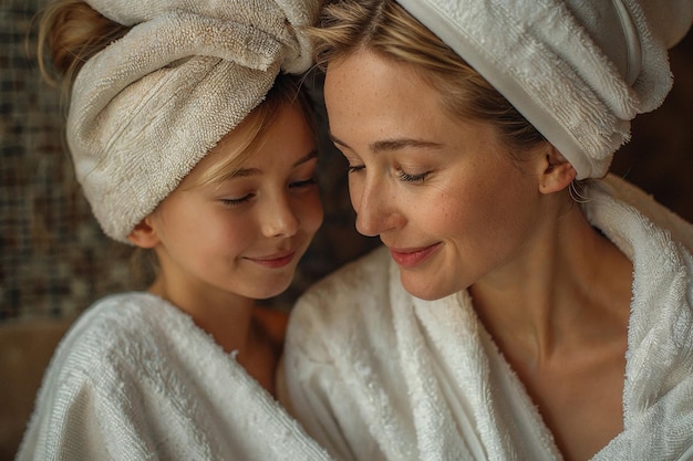 Photo mother and daughter sharing a tender moment in bathrobes