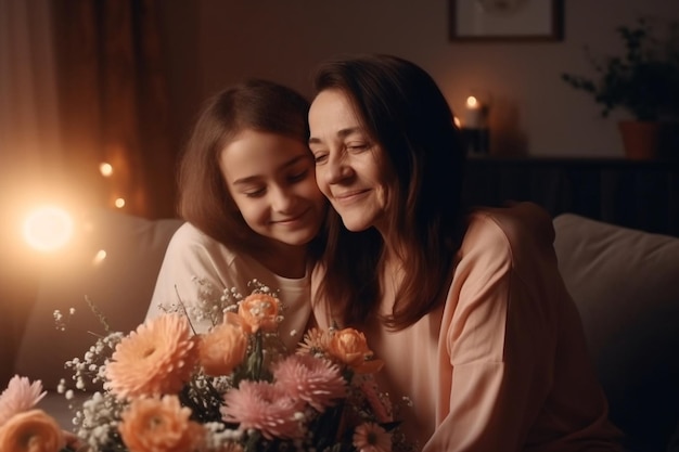 A mother and daughter sit on a couch with a bouquet of flowers.