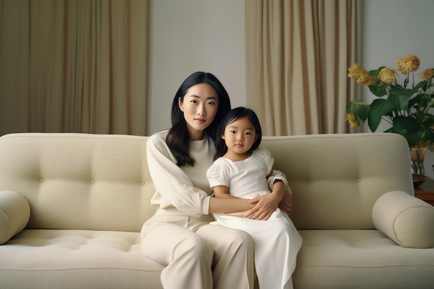 A mother and daughter sit on a couch