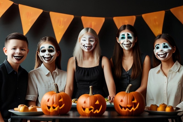 Photo a mother and daughter sit in front of a pumpkin with the words pumpkins on it