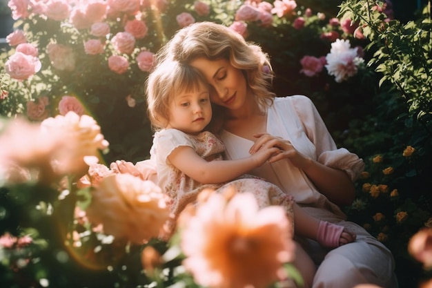 A mother and daughter sit in a garden with pink flowers.