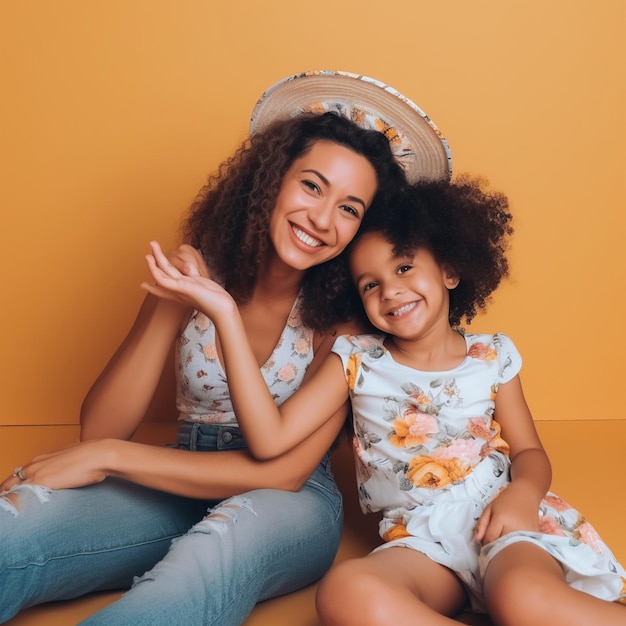 A mother and daughter sit on a yellow background