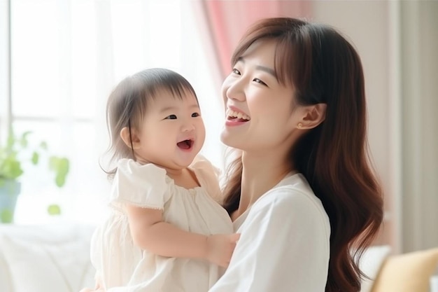 mother and daughter smiling and laughing in the morning