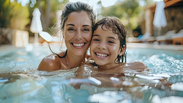 Mother and daughter smiling in the pool