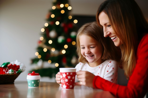 Mother and daughter spend a cozy day together in the living room decorated with Christmas decor