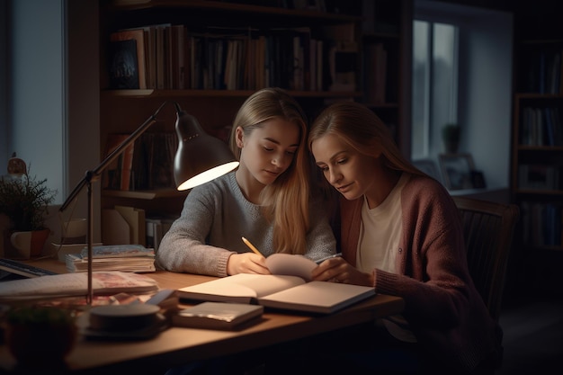 Mother and daughter study together at home generative IA