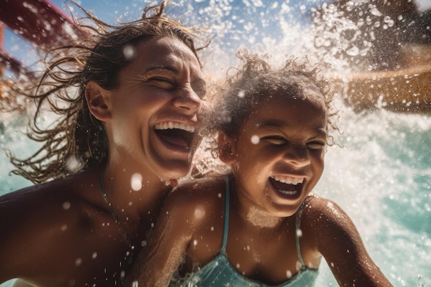 A mother and daughter swimming in a pool with the words family fun in the water.