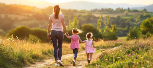 Mother and daughter walk hand in hand on scenic trail with majestic mountains in the background