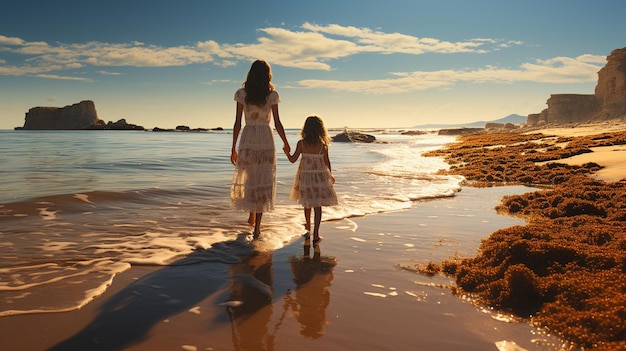 Mother and daughter walking on the beach at sunset Concept of friendly familygenerative ai