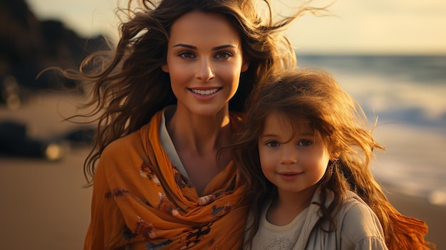 Mother and daughter walking on the beach at sunset Concept of friendly familygenerative ai