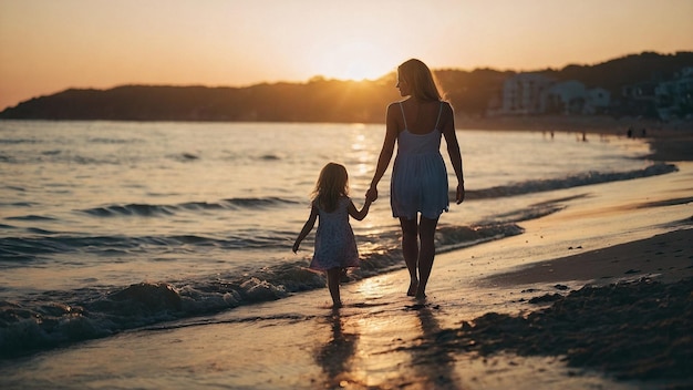 Mother and Daughter Walking on the Beach at Sunset Generative AI