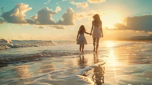 mother and daughter walking on the beach at sunset