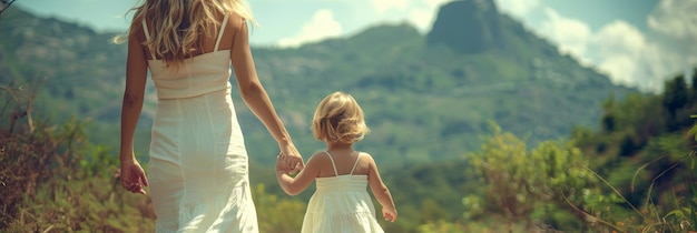 Mother and daughter walking hand in hand on scenic trail with majestic mountains in the background