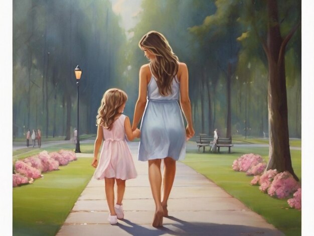 Mother and daughter walking in the park