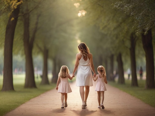 Mother and daughter walking in the park