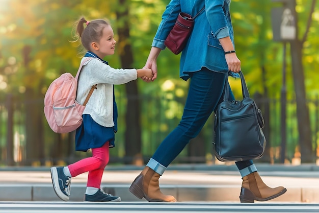 Photo mother and daughter walking to school holding hands