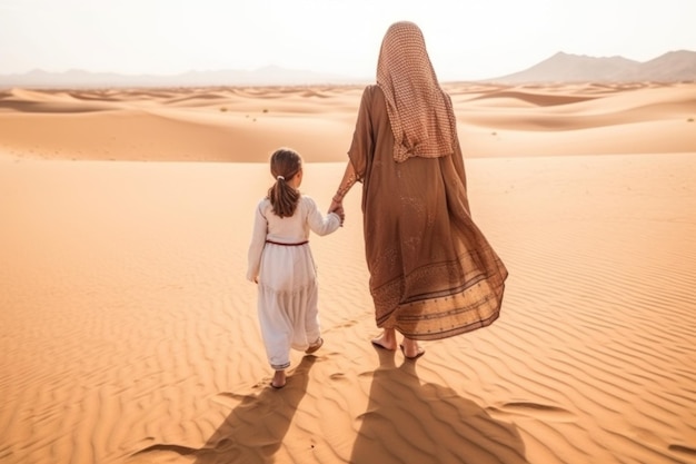 Mother and daughter walking together in the desert Generative AI