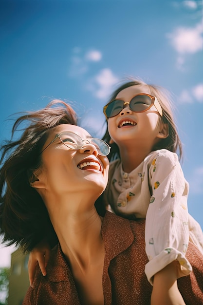 A mother and daughter wearing sunglasses and smiling