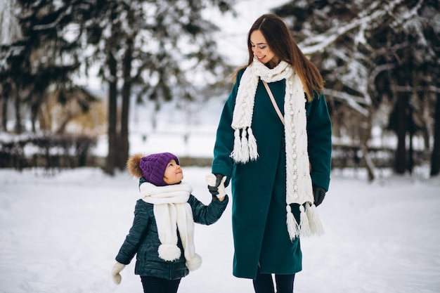 Mother and daughter in winter park