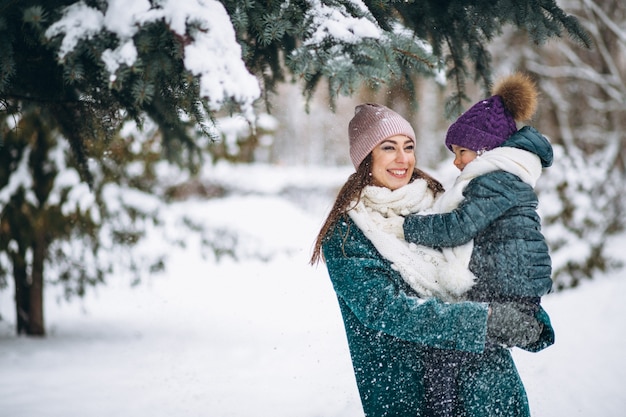 Mother and daughter in winter park