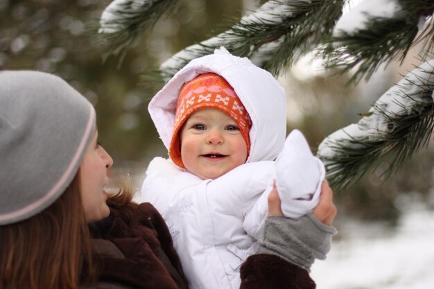 Mother and daughter in winter park