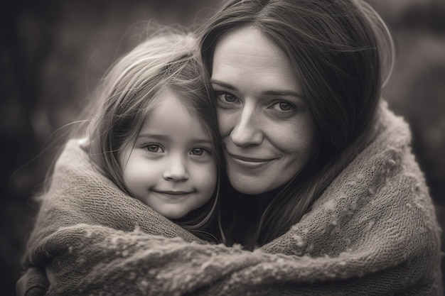 A mother and daughter wrapped in a blanket