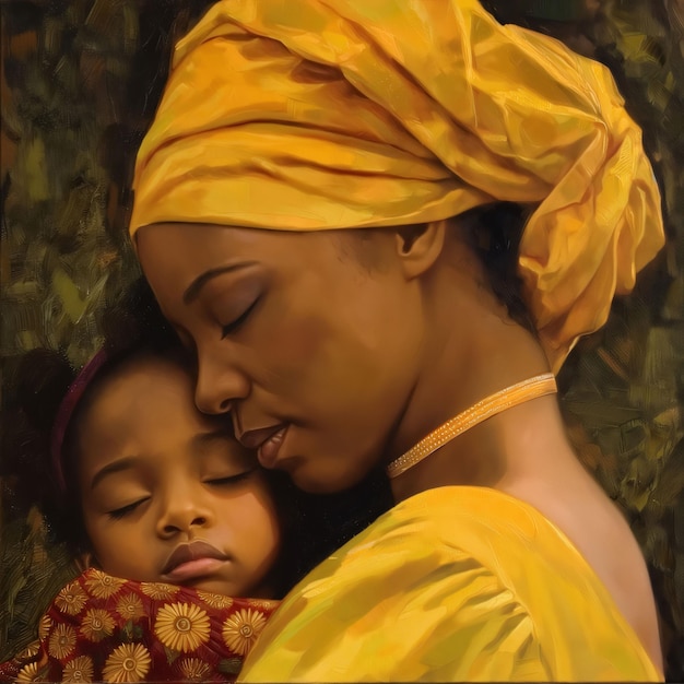 Mother and daughter in a yellow turban on a dark background