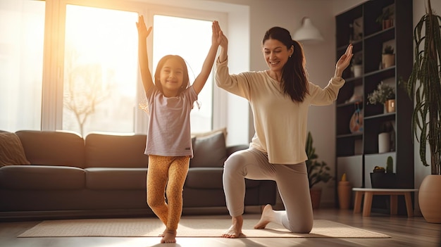 Mother and daughter do yoga at home