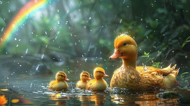 A mother duck and her little duck kids swimming