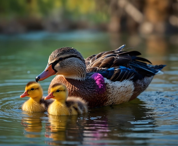 Photo mother duck swims with her three little cute ducklings in the pond they are smile and happy