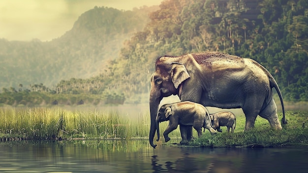 Mother elephant with her calf walking through jungle