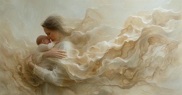 Mother embracing child in ethereal setting with flowing soft textures and warm neutral tones