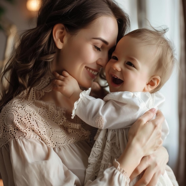 Mother embracing happy baby in a warm indoor setting