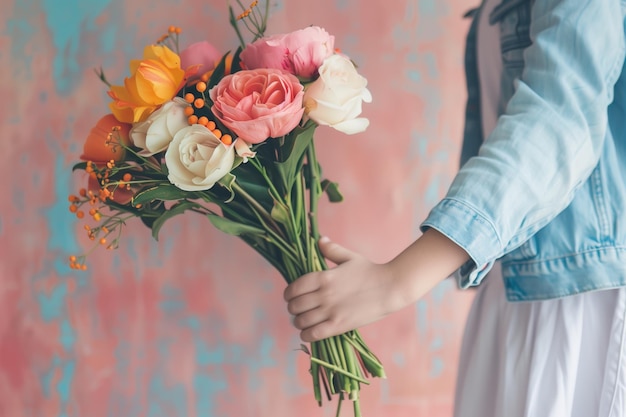 Mother enjoy the moment with family kid husband with flowers and gift