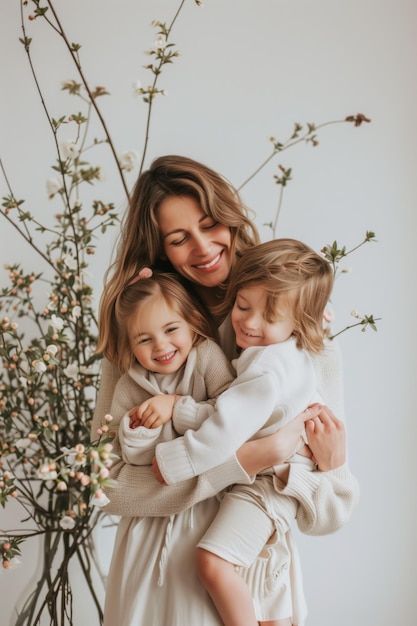 Photo mother enjoy the moment with their kid and husband with flowers