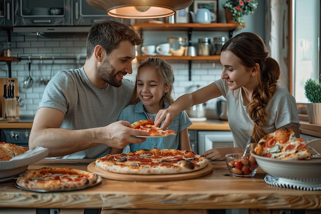 Photo mother father and daughter eat together in the kitchen they were eating a large pizza