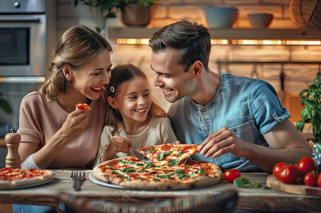 Photo mother father and daughter eat together in the kitchen they were eating a large pizza