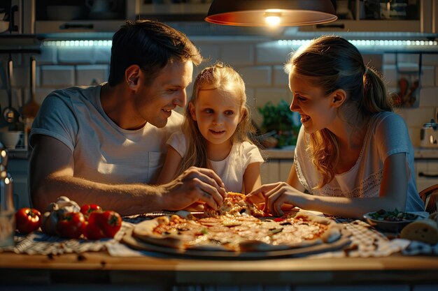 Photo mother father and daughter eat together in the kitchen they were eating a large pizza