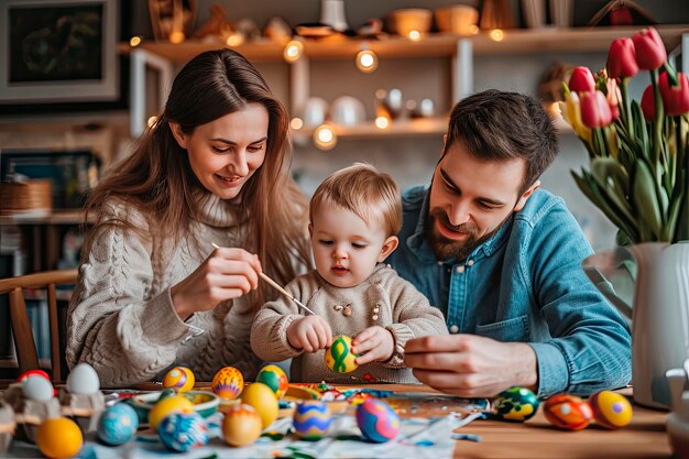 Photo a mother father and their child painting easter eggs happy family preparing for easter