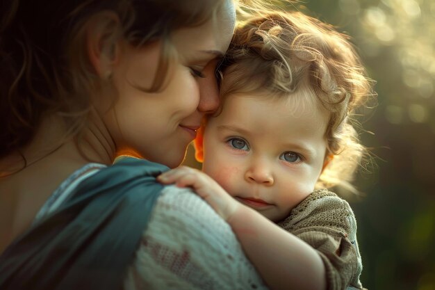 Photo a mother gently embraces her young child the warmth of the sun illuminating their faces a warm embrace between a mother and child