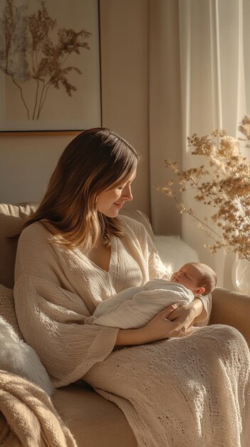 Mother Gently Playing with Her Newborn During First Playtime