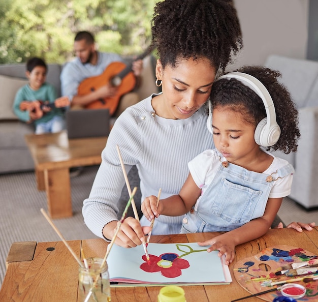 Mother girl and paint with family learning together and painting class in home living room Black woman kids and art to relax and for education with father boy and guitar to study music on sofa