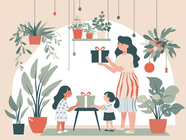 A mother giving gifts to her children a simple flat vector illustration with pastel colors