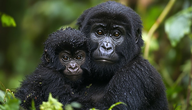 a mother gorilla holds her baby