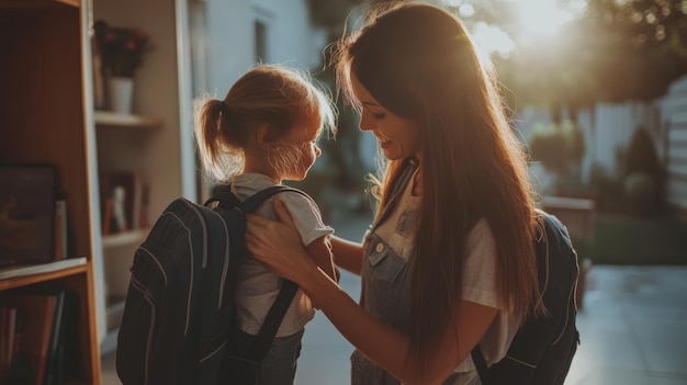 Photo a mother helping her child pack a backpack for the first day of school